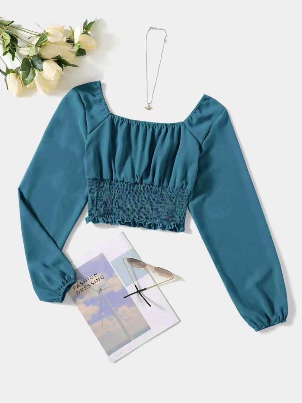 SHEIN Teal Square-Neck Smocked Hem Puff Sleeve Crop Top